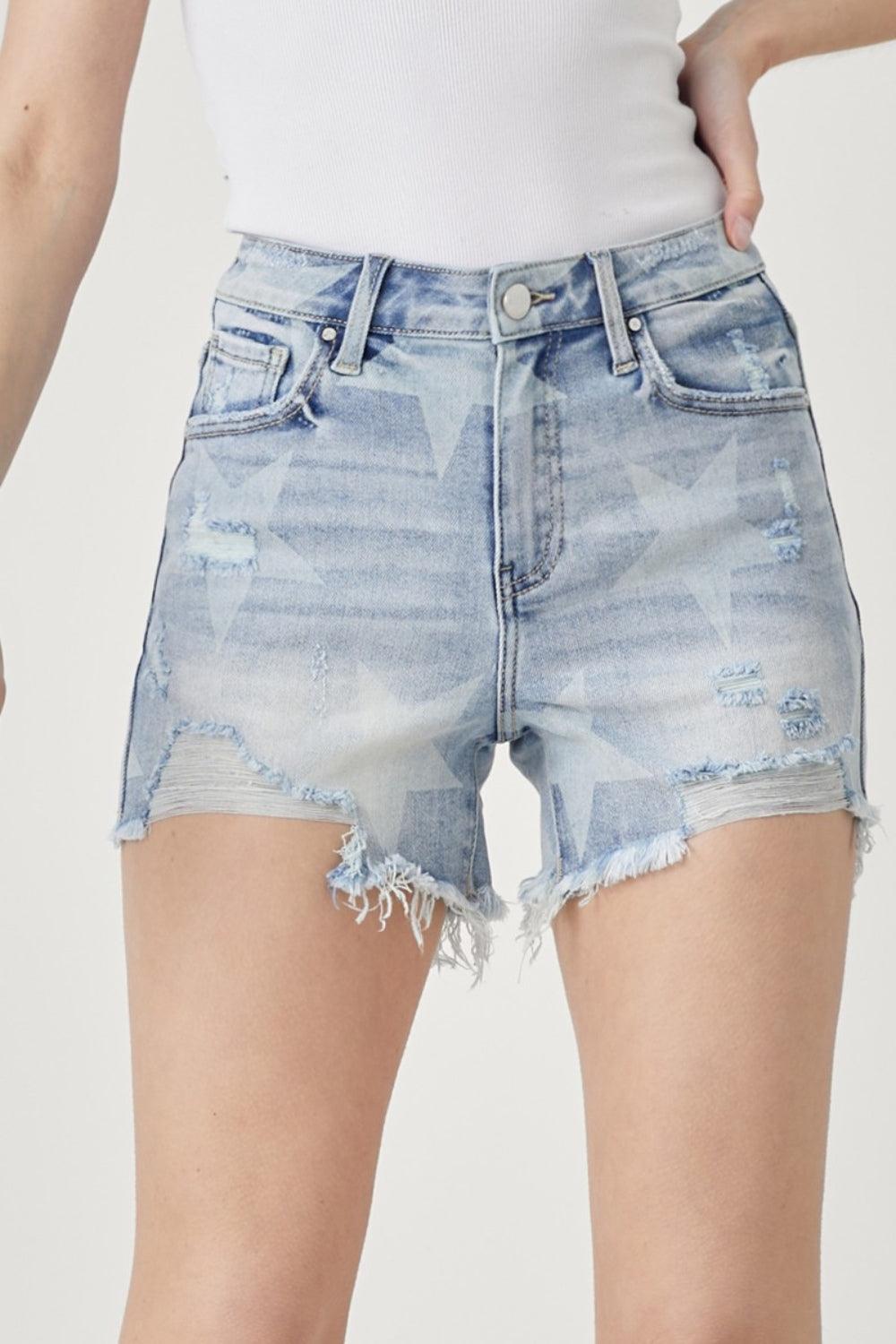 RISEN Star Print Frayed Denim Shorts - AMIClubwear