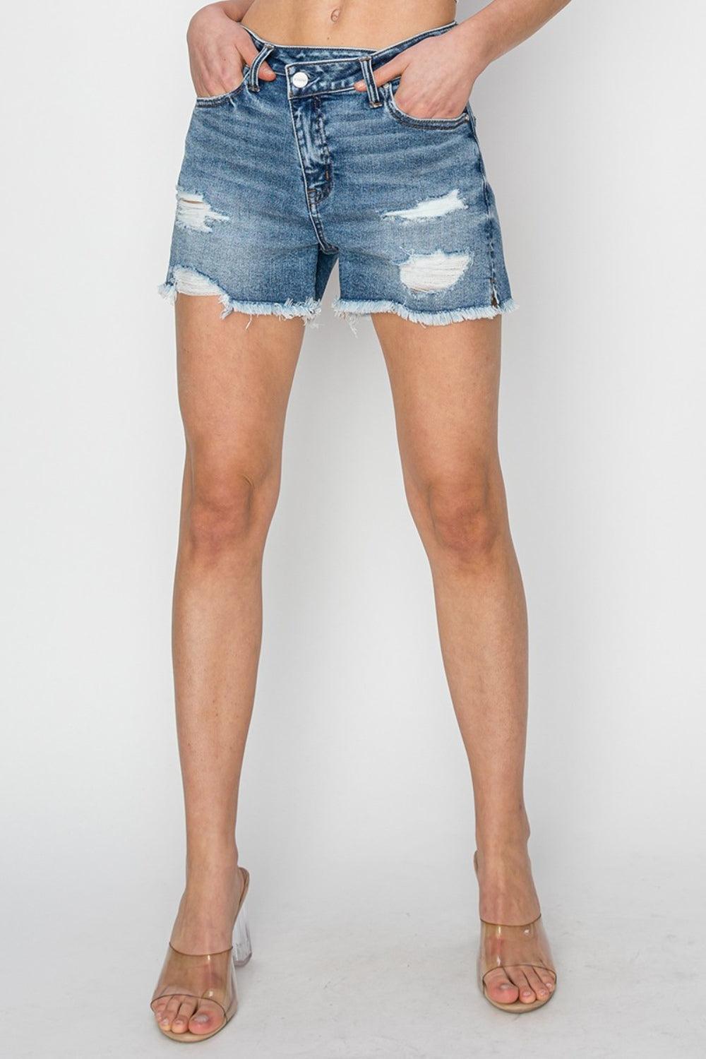 RISEN Stepped Waist Frayed Denim Shorts - AMIClubwear