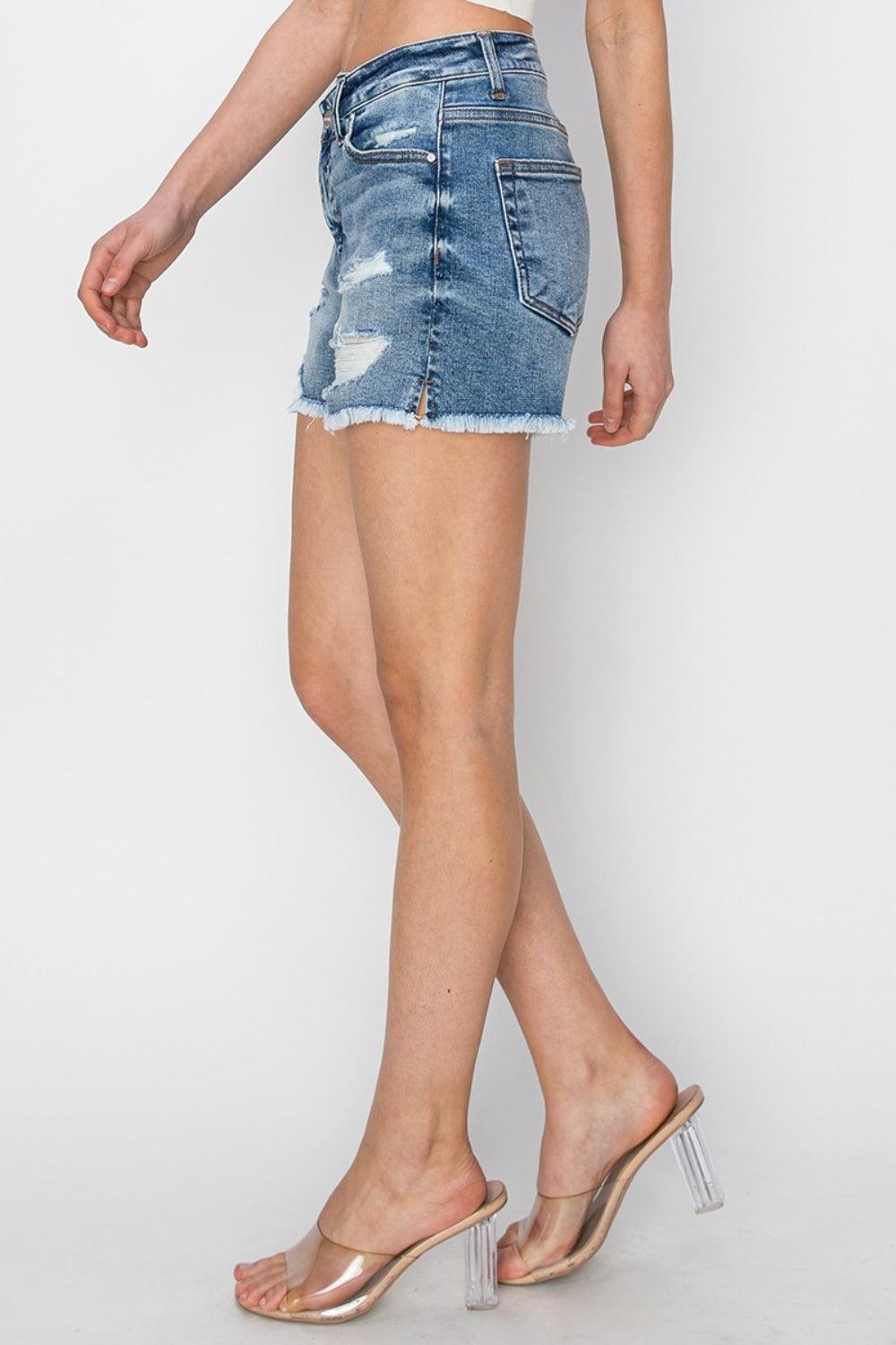 RISEN Stepped Waist Frayed Denim Shorts - AMIClubwear