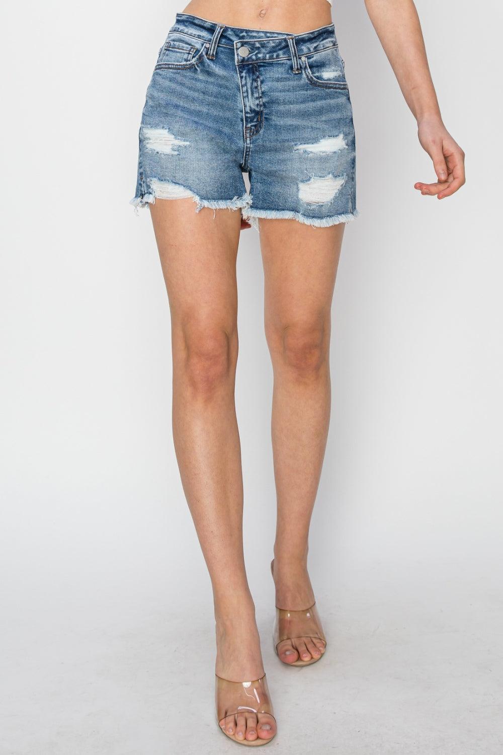 RISEN Stepped Waist Frayed Denim Shorts - AMIClubwear