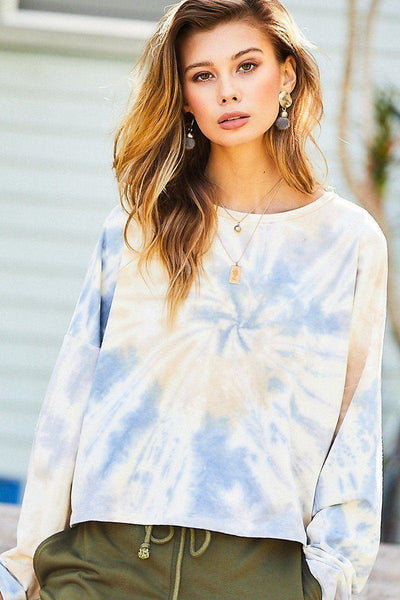 Round Neck Oversize Fit Crop Tie-dye French Terry Pullover - AMIClubwear