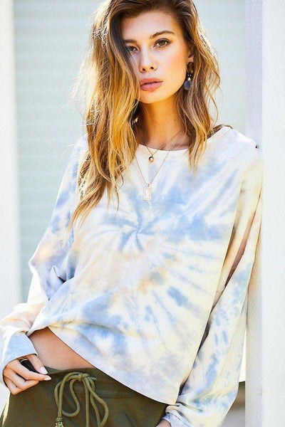 Round Neck Oversize Fit Crop Tie-dye French Terry Pullover - AMIClubwear