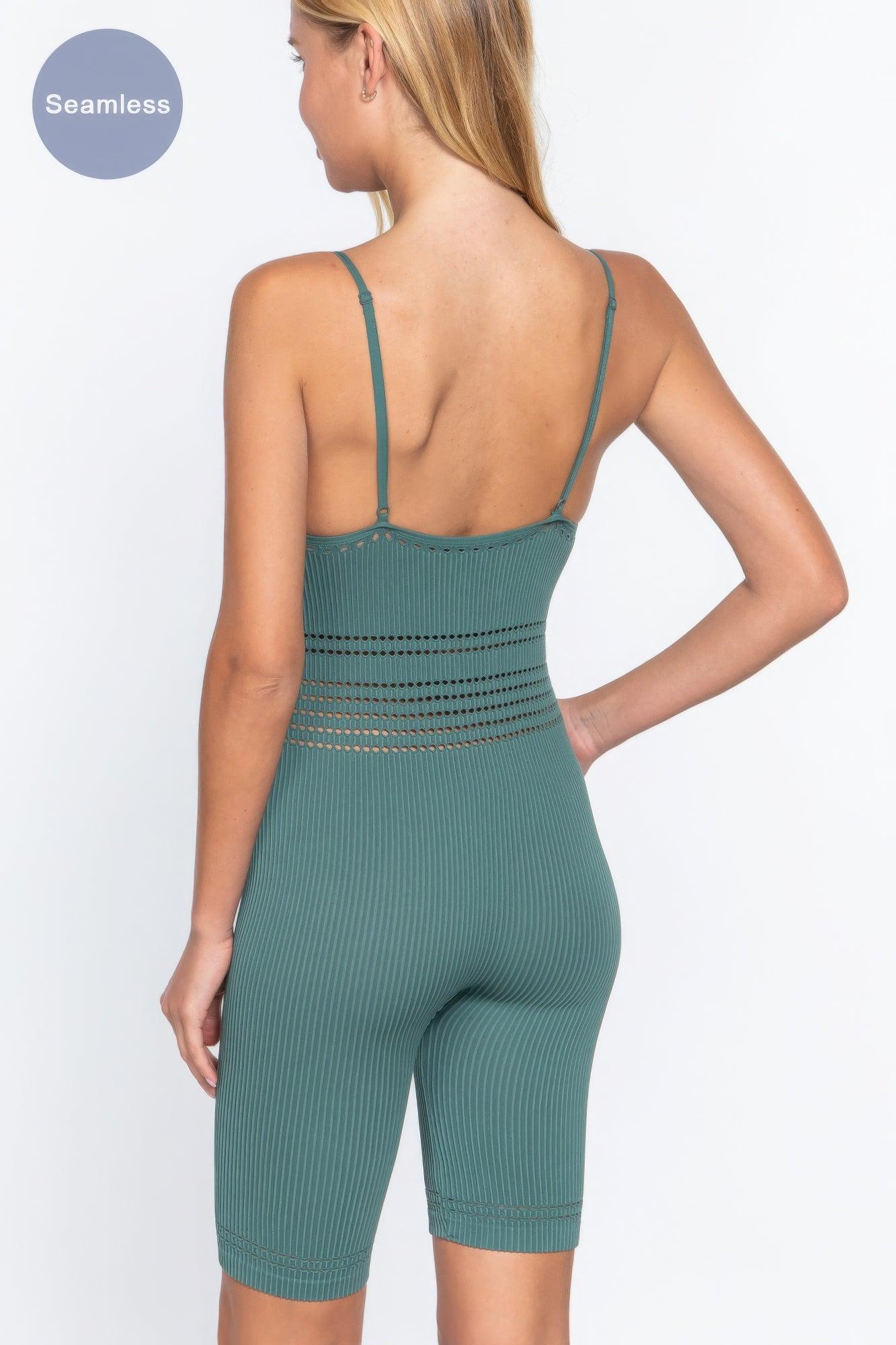 Round Neck Pointelle Detail Seamless Rib Romper - AMIClubwear