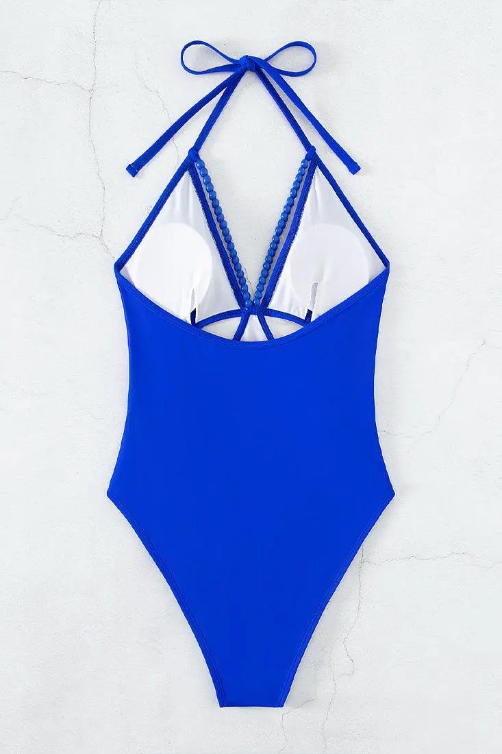 Royal Blue Beads Strappy 1 Pc Sexy Swimsuit Monokini