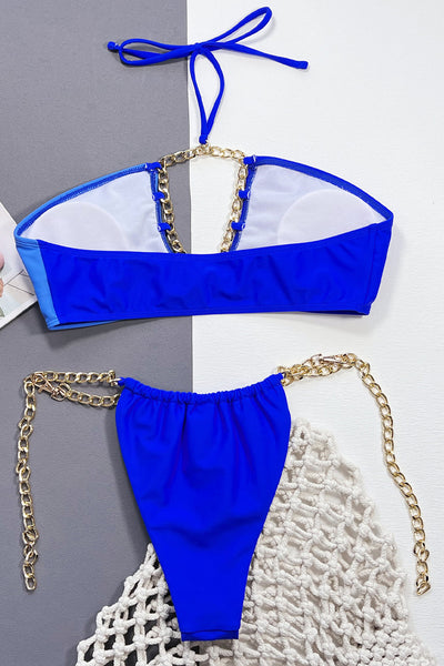 Royal Blue Color Block Gold Chain Cheeky 2 Pc Swimsuit Bikini - AMIClubwear