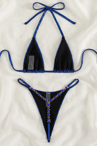 Royal Blue Holographic Rhinestone Thong 2Pc Swimsuit Set Bikini - AMIClubwear