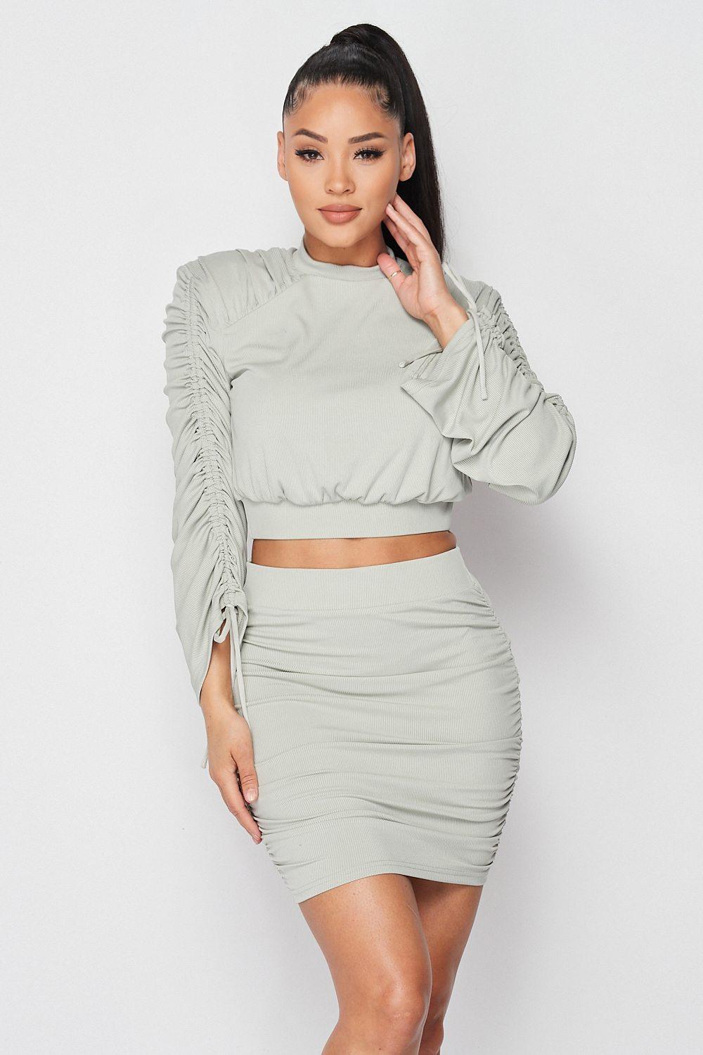 Ruched Long Sleeve And Skirt Set - AMIClubwear