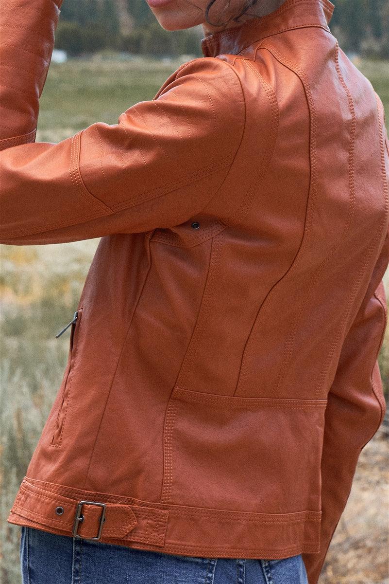 Rust Vegan Leather Long Sleeve Biker Jacket - AMIClubwear