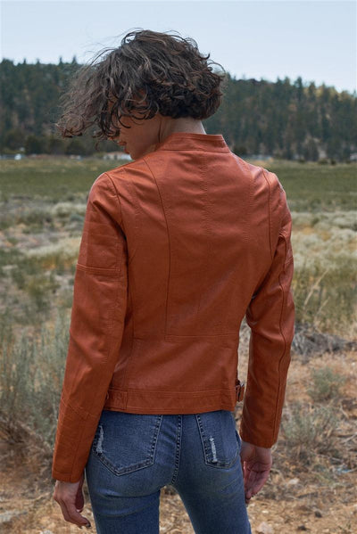 Rust Vegan Leather Long Sleeve Biker Jacket - AMIClubwear