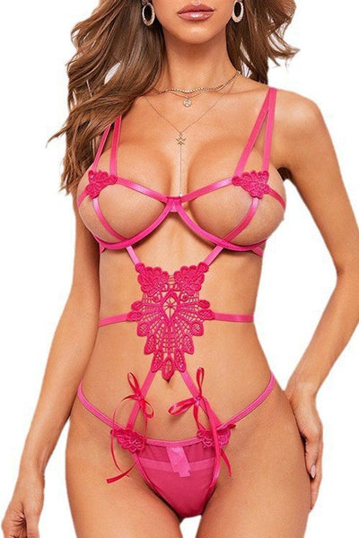 Sexy Pink Lingerie Embroidered Hollow Stappy Lingerie Bodysuit - AMIClubwear