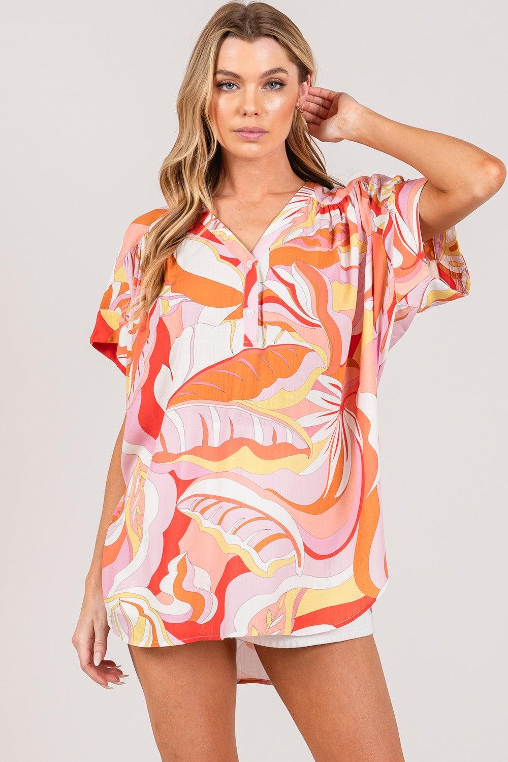 SAGE + FIG Abstract Print Half Button Blouse - AMIClubwear