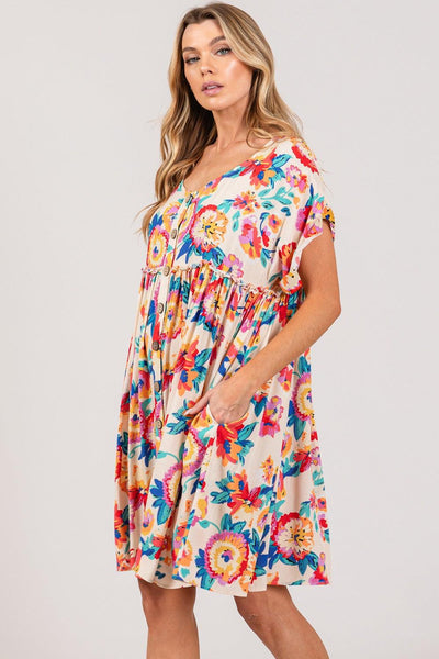 SAGE + FIG Full Size Floral Button-Down Short Sleeve Dress - AMIClubwear