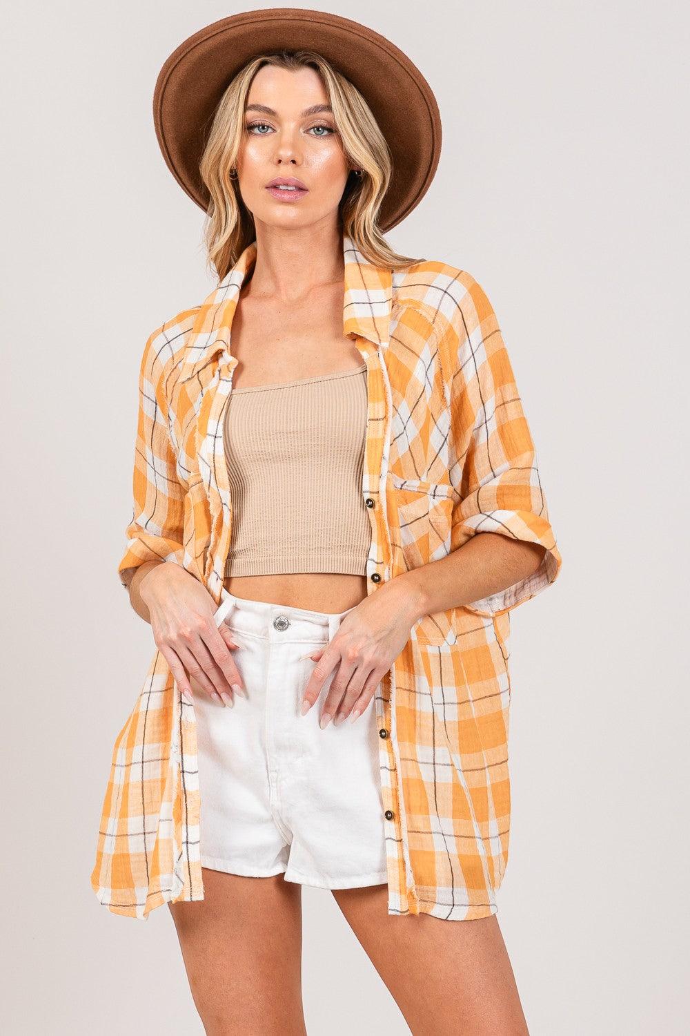 SAGE + FIG Plaid Button Up Side Slit Shirt - AMIClubwear