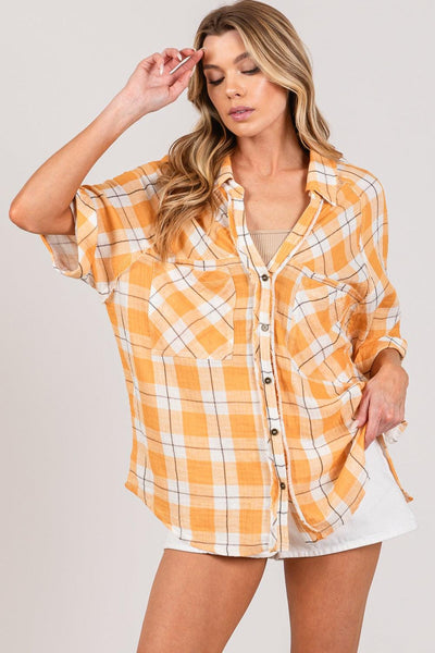 SAGE + FIG Plaid Button Up Side Slit Shirt - AMIClubwear