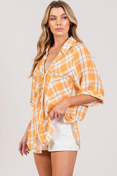 SAGE + FIG Plaid Button Up Side Slit Shirt - AMIClubwear