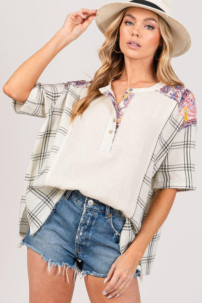 SAGE + FIG Plaid Half Button Gauze Top - AMIClubwear