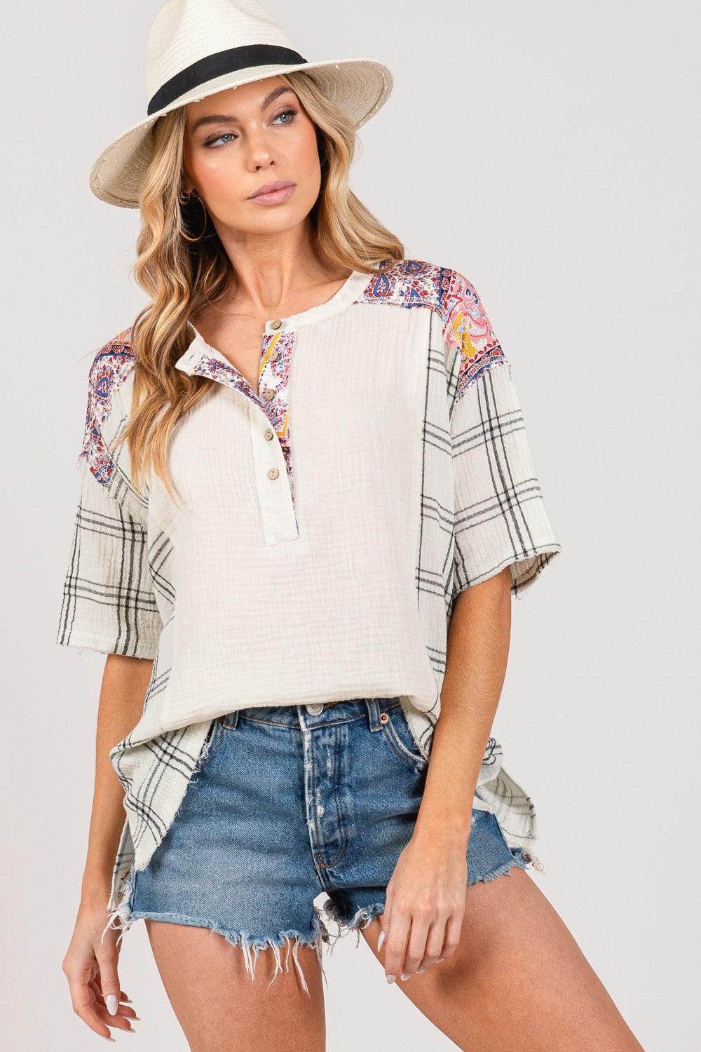 SAGE + FIG Plaid Half Button Gauze Top - AMIClubwear