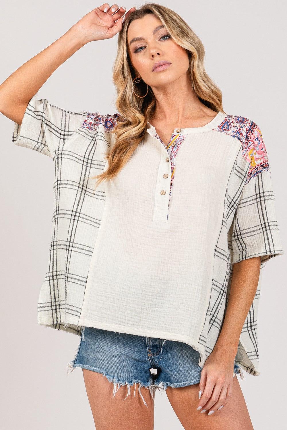 SAGE + FIG Plaid Half Button Gauze Top - AMIClubwear