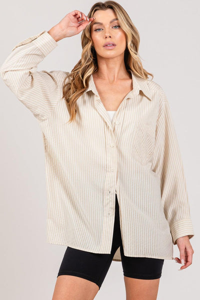 SAGE + FIG Striped Button Up Long Sleeve Shirt - AMIClubwear