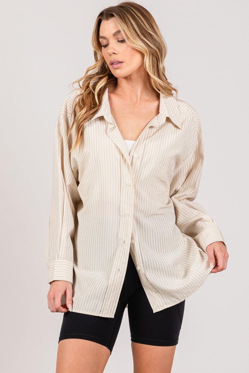 SAGE + FIG Striped Button Up Long Sleeve Shirt - AMIClubwear