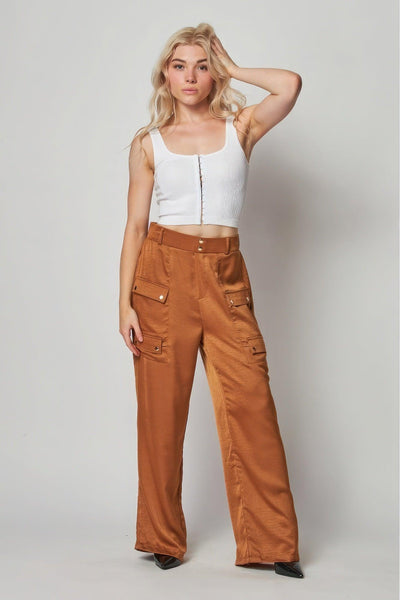 Satin Cargo Pocket Wide Leg Pants - AMIClubwear