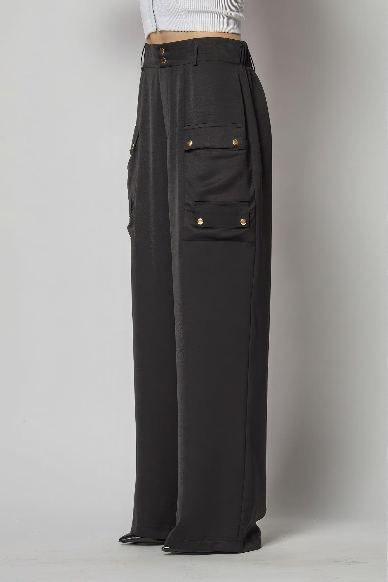 Satin Cargo Pocket Wide Leg Pants - AMIClubwear