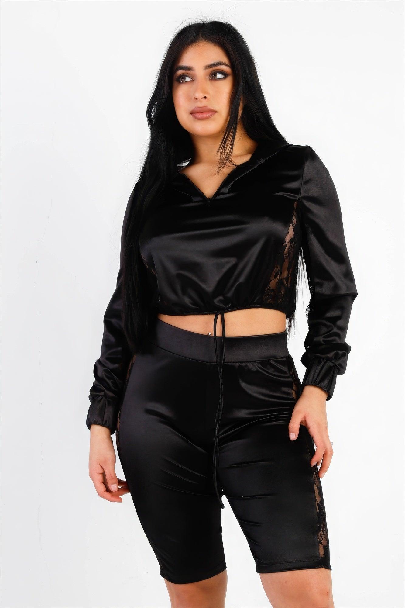 Satin Lace Details Long Sleeve Hooded Crop Top & Biker Short Set - AMIClubwear