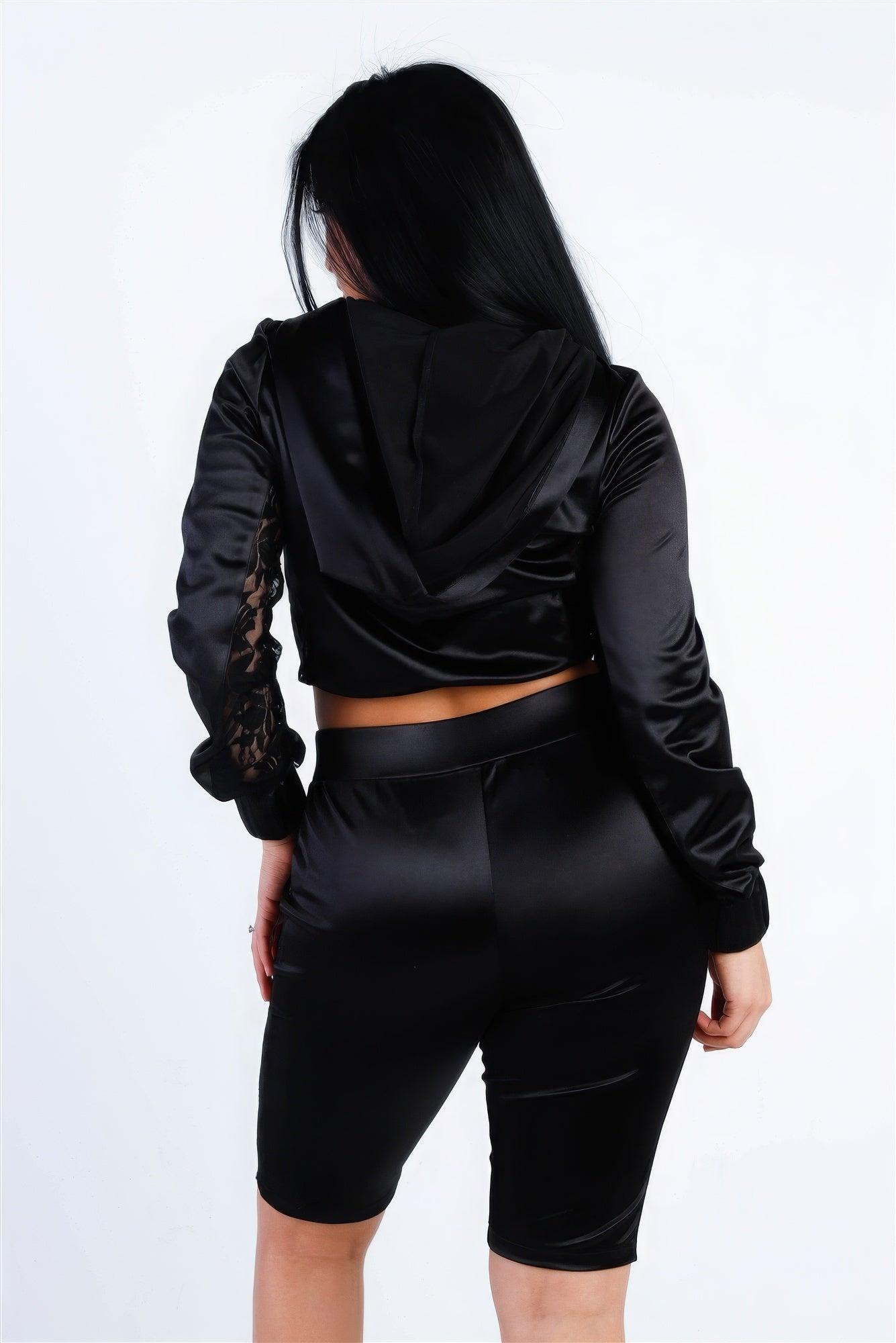 Satin Lace Details Long Sleeve Hooded Crop Top & Biker Short Set - AMIClubwear