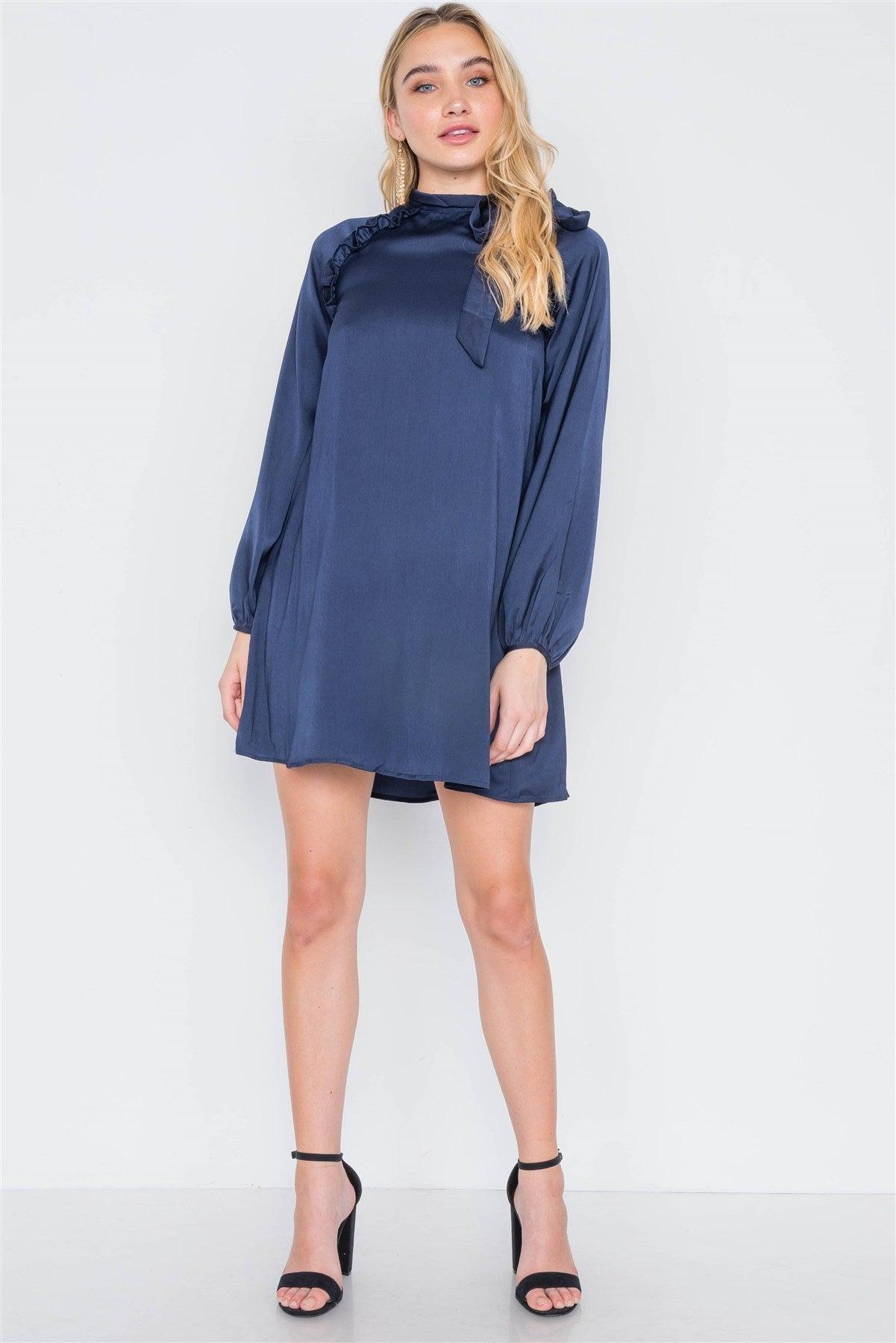 Satin Long Sleeve Side-tie Mini Dress - AMIClubwear