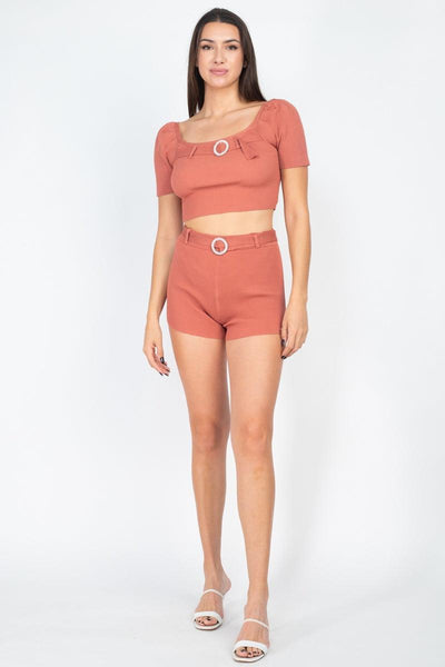 Scoop Neck Crop Top And Ribbed Shorts - AMIClubwear