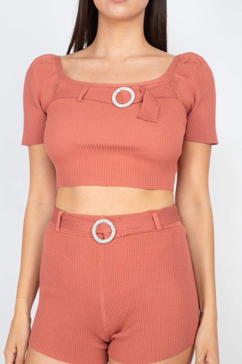 Scoop Neck Crop Top And Ribbed Shorts - AMIClubwear