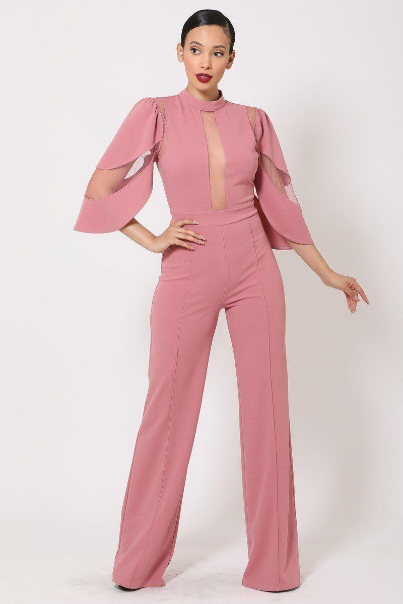 Semi Sheer Mesh Contrast Bodice Jumpsuit - AMIClubwear