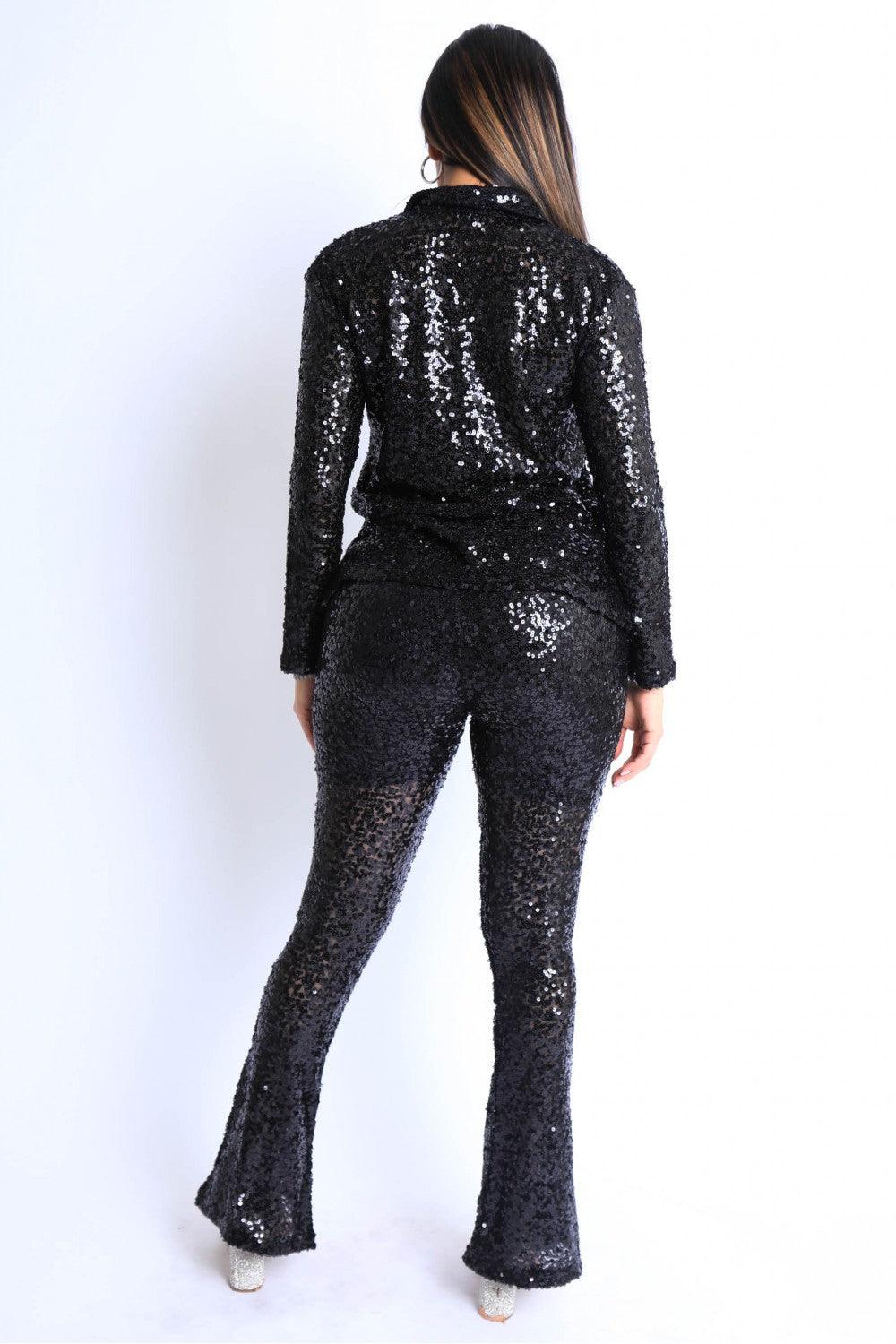 Sequin Button Down Shirt And Pant Set - AMIClubwear