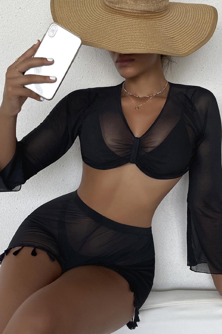 Sexy 2pc Black Mesh Long Sleeve Swimsuit Coverup - AMIClubwear