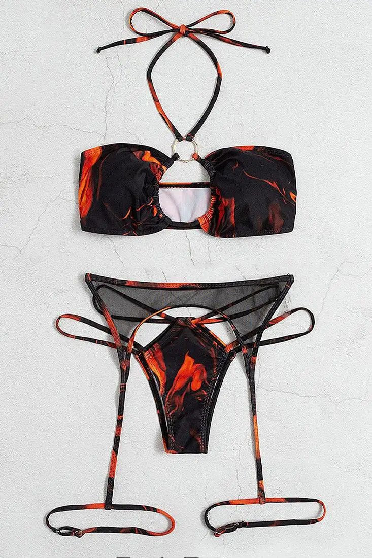 Sexy 2pc Fire Print Bikini With Mesh Garter