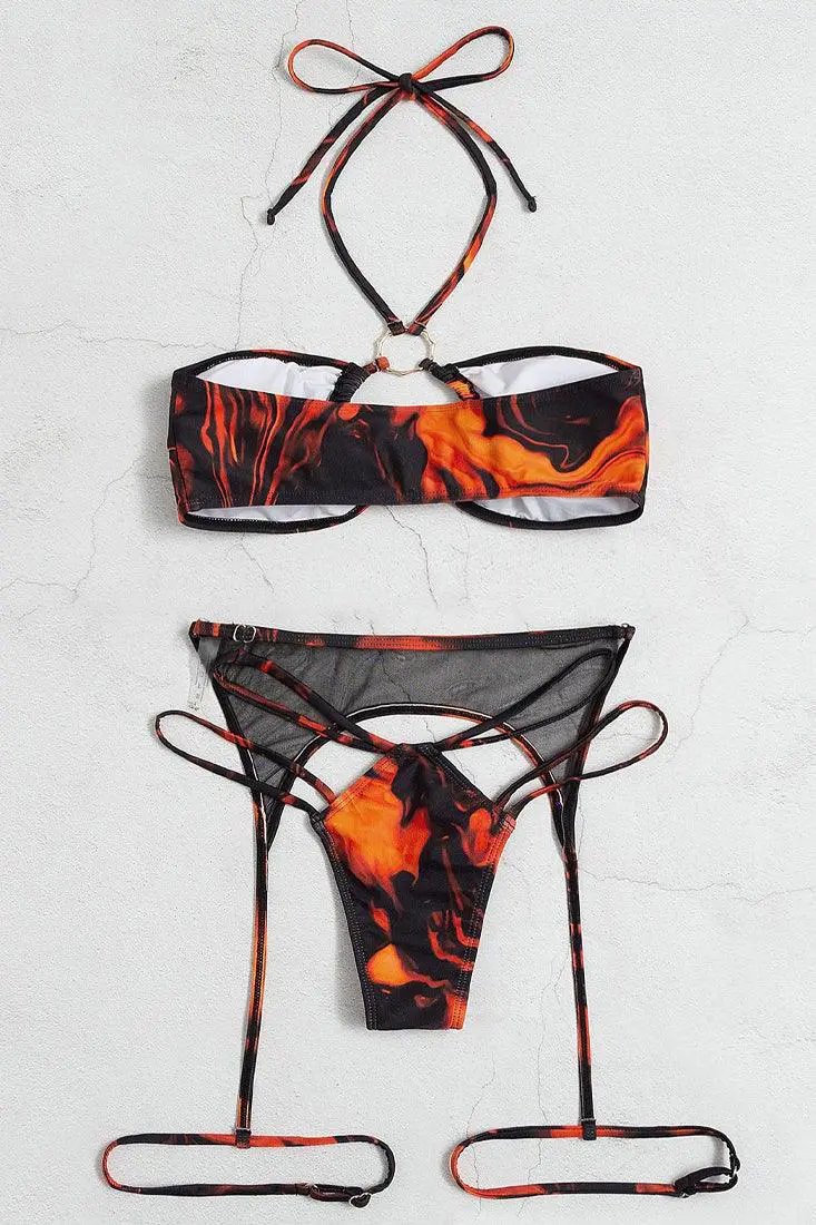 Sexy 2pc Fire Print Bikini With Mesh Garter