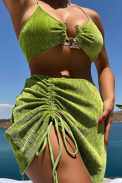 Sexy Avocado Green 3pc Bikini With Coverup Skirt - AMIClubwear