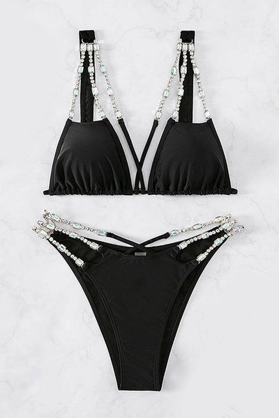 Sexy Black 2pc Bikini With Rhinestone Straps - AMIClubwear