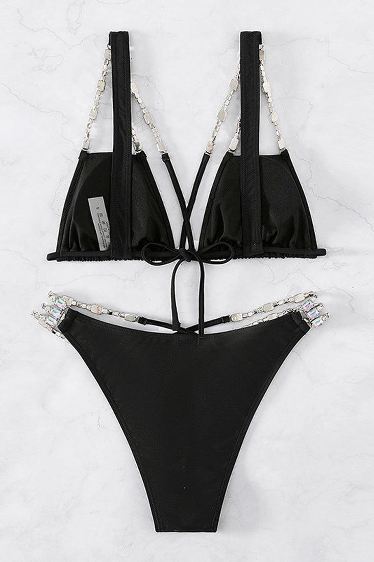 Sexy Black 2pc Bikini With Rhinestone Straps - AMIClubwear