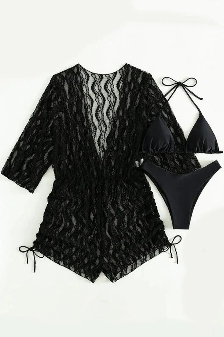 Sexy Black 3pc Bikini With Lace Coverup