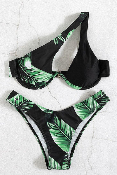 Sexy Black Green Tropical Leaf Print 2pc Bikini - AMIClubwear