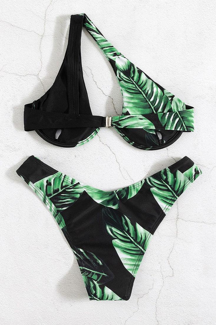 Sexy Black Green Tropical Leaf Print 2pc Bikini - AMIClubwear