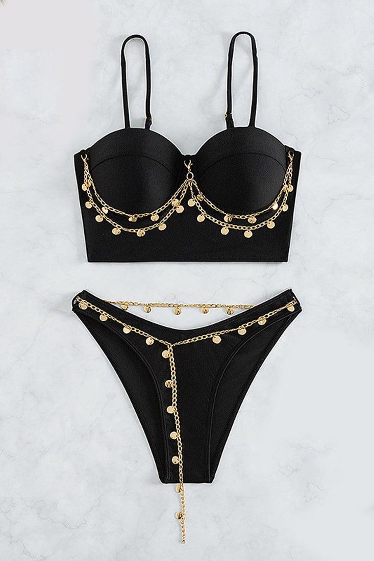 Sexy Black Padded Top 2pc Bikini With Chain Details - AMIClubwear