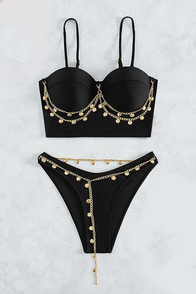 Sexy Black Padded Top 2pc Bikini With Chain Details - AMIClubwear