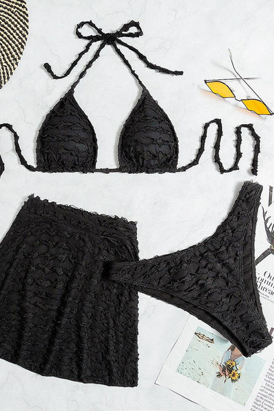 Sexy Black Ruffle 3pc Bikini With Skirt - AMIClubwear