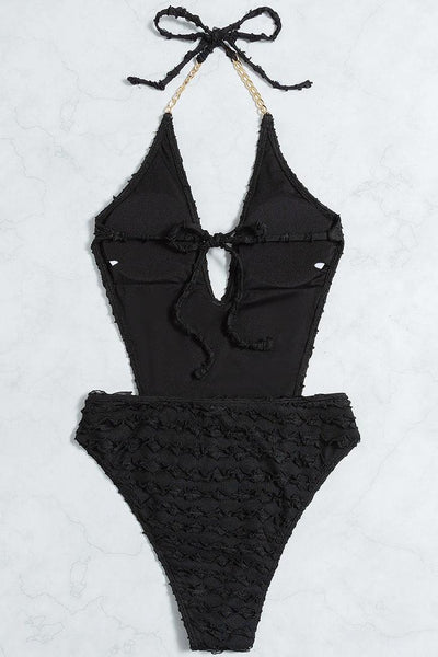 Sexy Black Ruffled Monokini Swimsuit With Gold Chains - AMIClubwear
