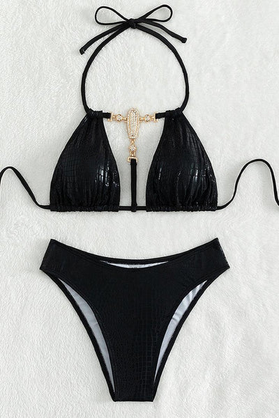 Sexy Black Shiny 2pc Bikini With Gemstone Cleavage Design - AMIClubwear