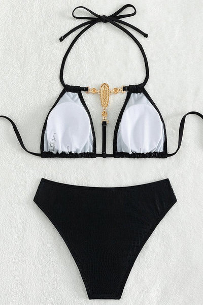 Sexy Black Shiny 2pc Bikini With Gemstone Cleavage Design - AMIClubwear