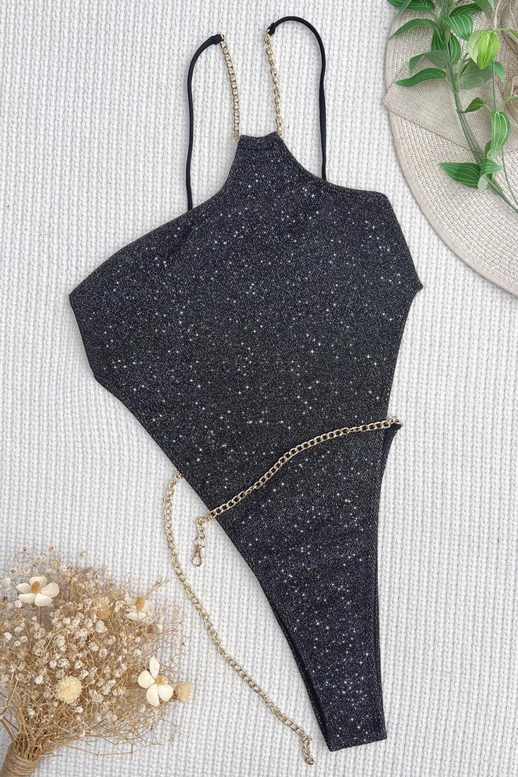 Sexy Black Shiny Gold Chain Cheeky Monokini - AMIClubwear