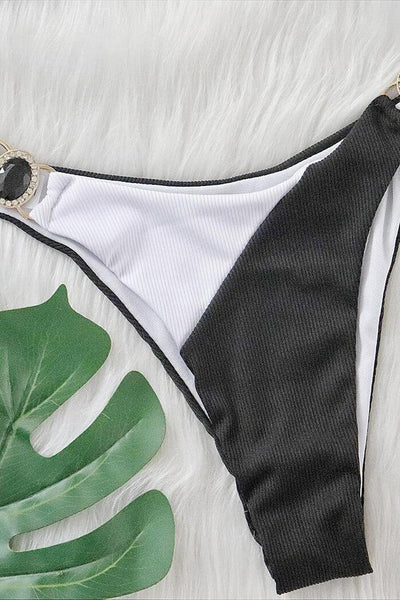 Sexy Black White Color Block 2pc Bikini Gemstones Cheeky Swimsuit - AMIClubwear